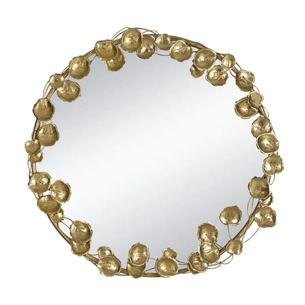 Round Mirror with Golden Leaves